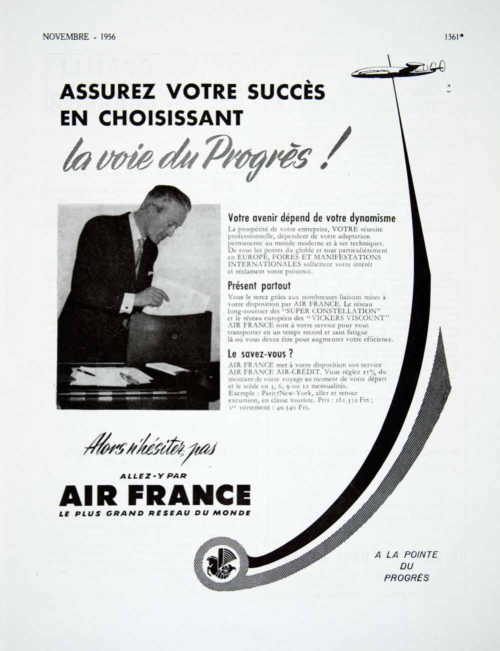 1956 Ad Air France Vickers Viscount Airways Travel Airline French VEN6