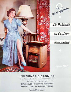 1956 Ad Cannier Printer French Advertising Model Blue Dress Heather Lamp VEN6