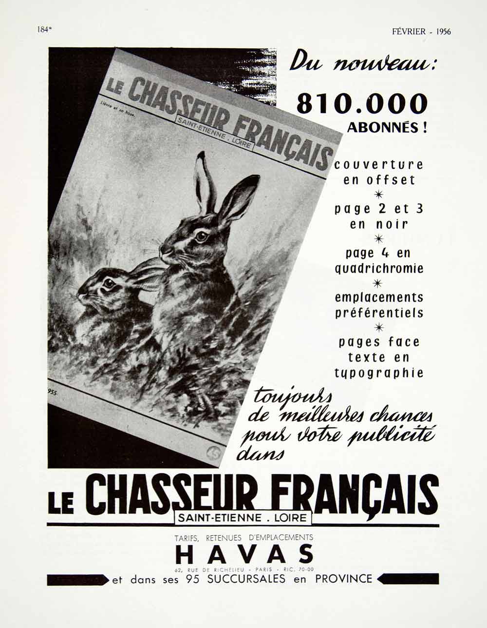 1956 Ad Chasseur Francais Havas French Hunting Rabbit Bunny Bunnies VEN6