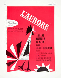 1956 Ad L'Aurore Regis-Presse Chicken Rooster Sunrise Crowing Newspaper VEN6