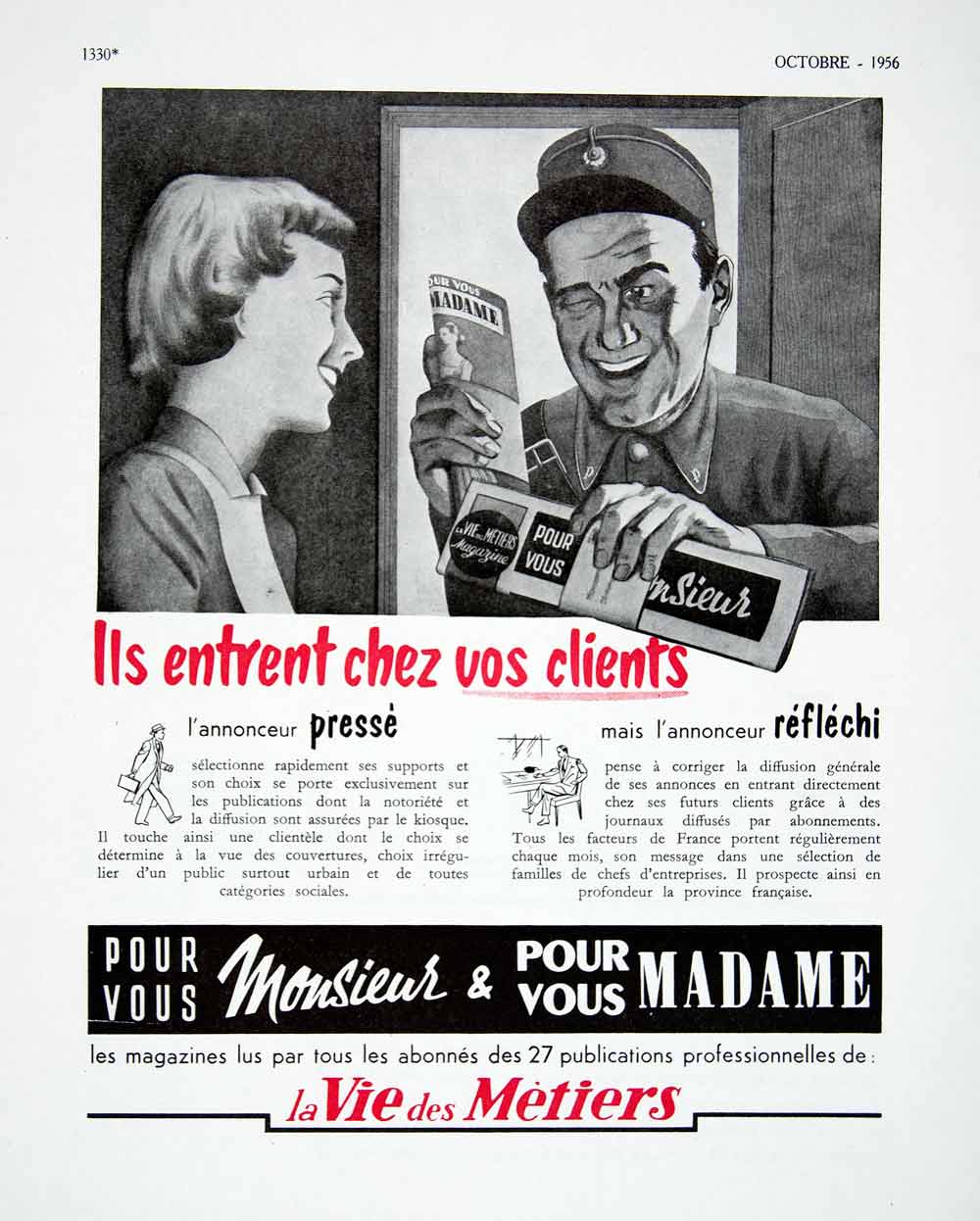 1956 Ad Vie Des Metiers Advertising French Paper Pour Vous Monsieur Madame VEN6