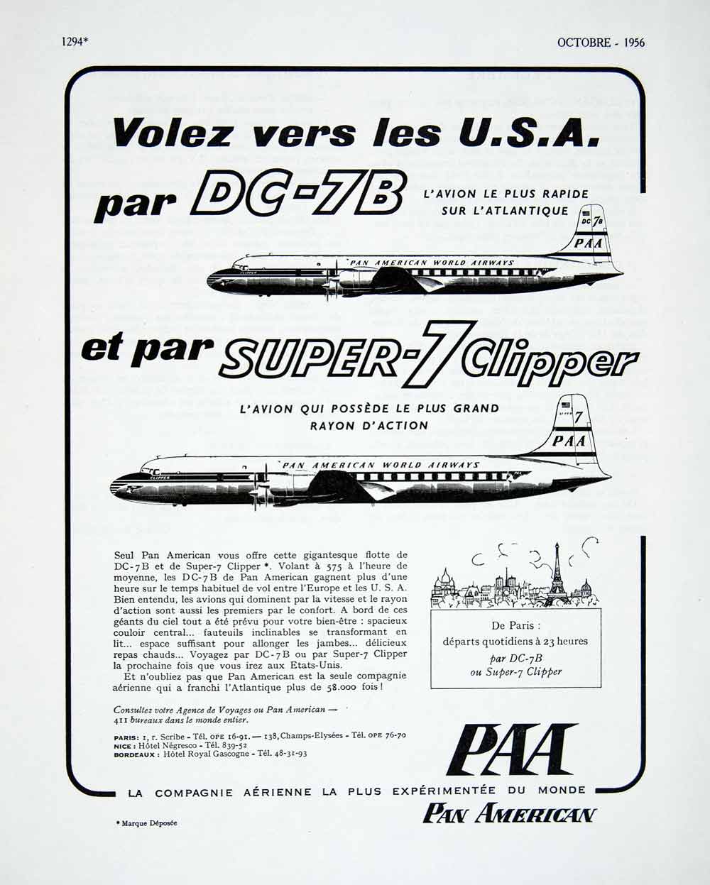 1956 Ad French DC-7B Super-7 Clipper Pan American Airline PAA Aeroplane VEN6