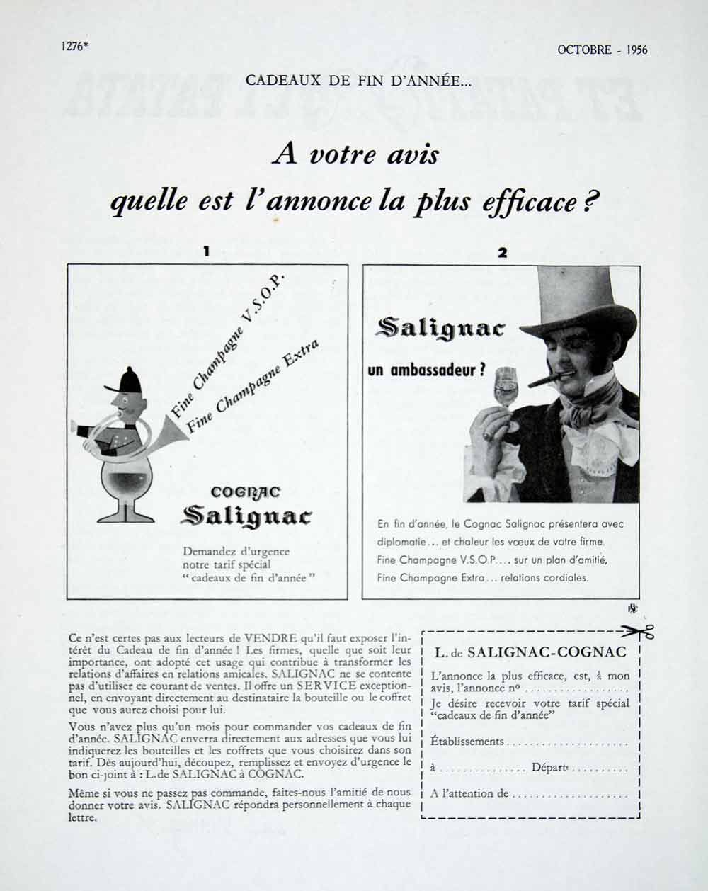 1956 Ad Salignac Contest French Advertising Cognac Alcohol Drink Vote VEN6