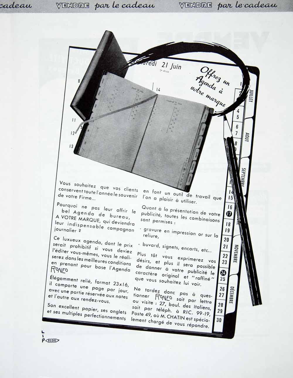 1956 Ad Agenda Branded Gift French Roneo Office Supplies Day Planner Pencil VEN6