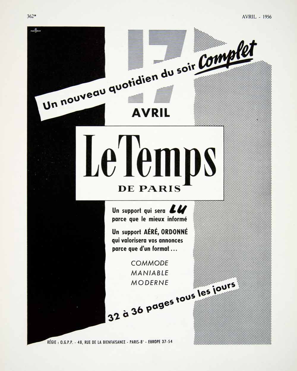 1956 Ad Le Temps De Paris French Parisian Newspaper Launch April 17th VEN6