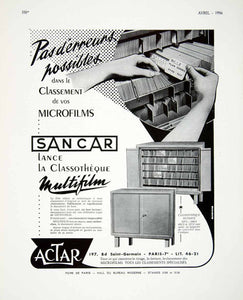 1956 Ad Actar Sancar Microfilm Organization Filing Cabinet French Furniture VEN6