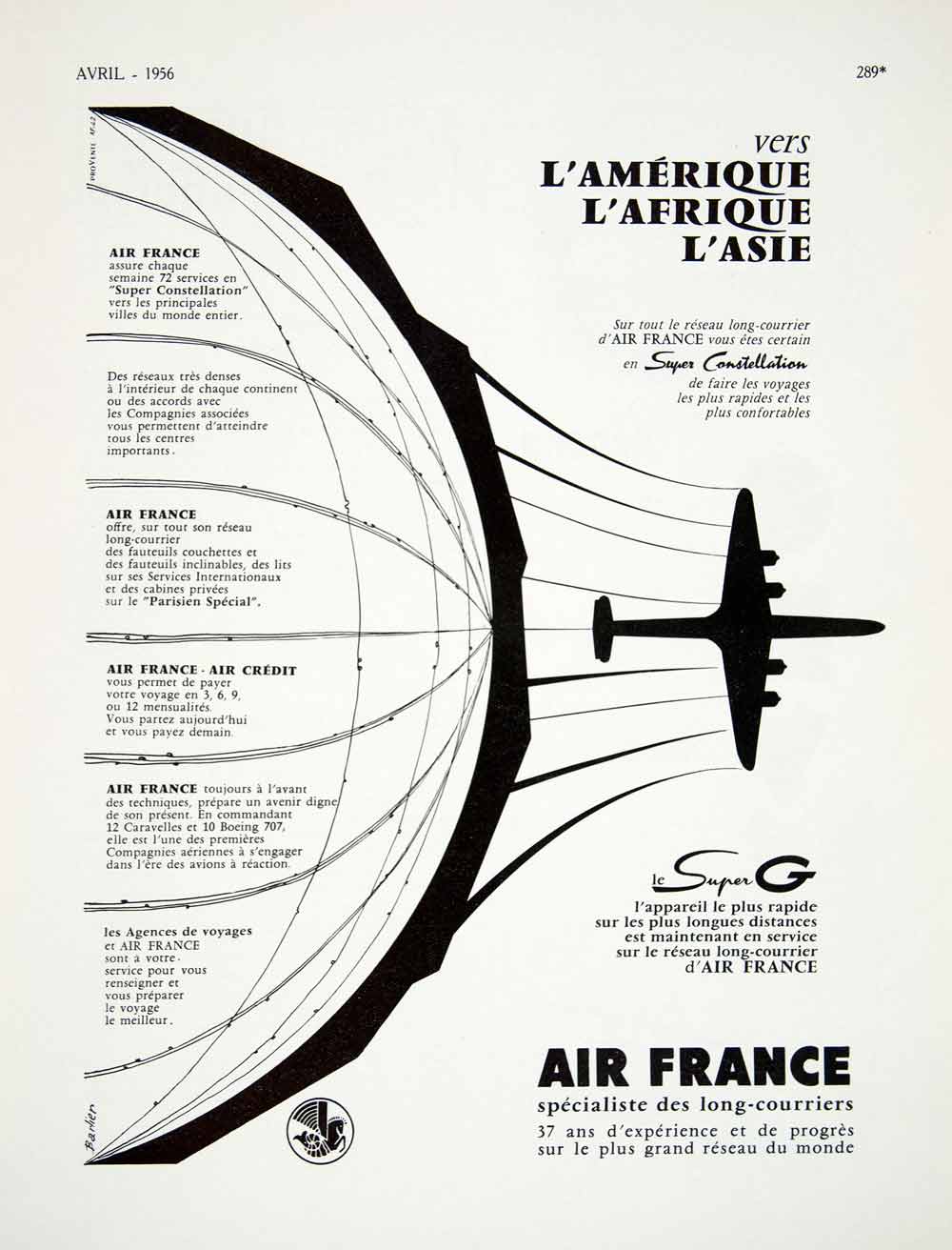 1956 Ad Air France Super G Airline Plane Silhouette Travel International VEN6