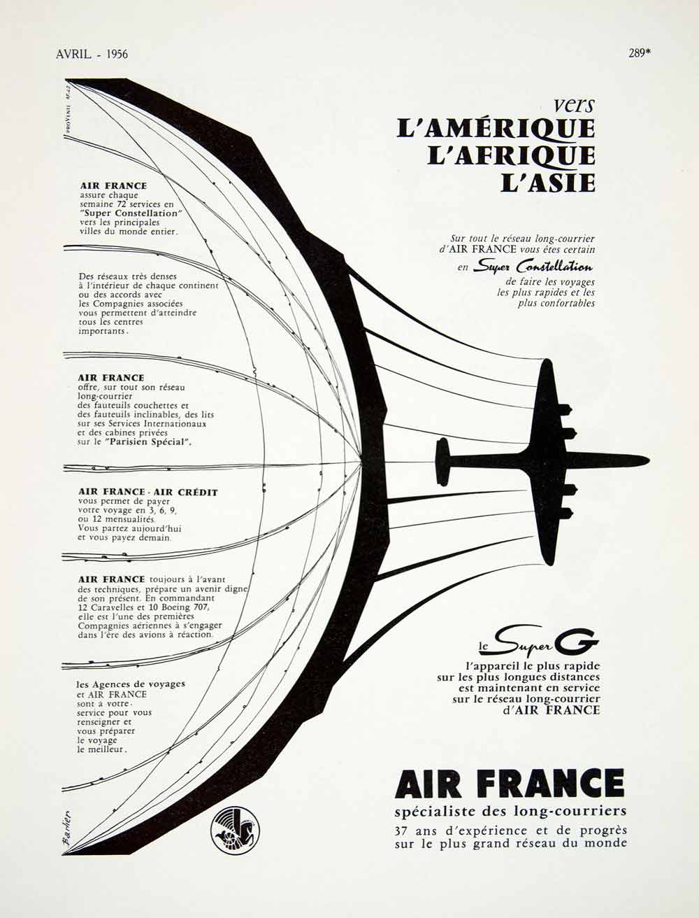1956 Ad Air France Super G Airline Plane Silhouette Travel