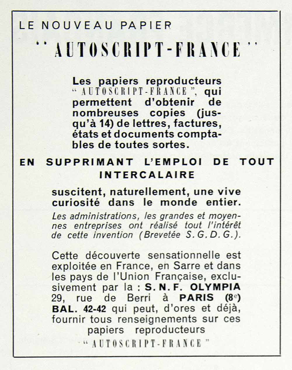1955 Ad Autoscript-France Copy Paper French SNF Olympia 29 Rue de Berri VEN6