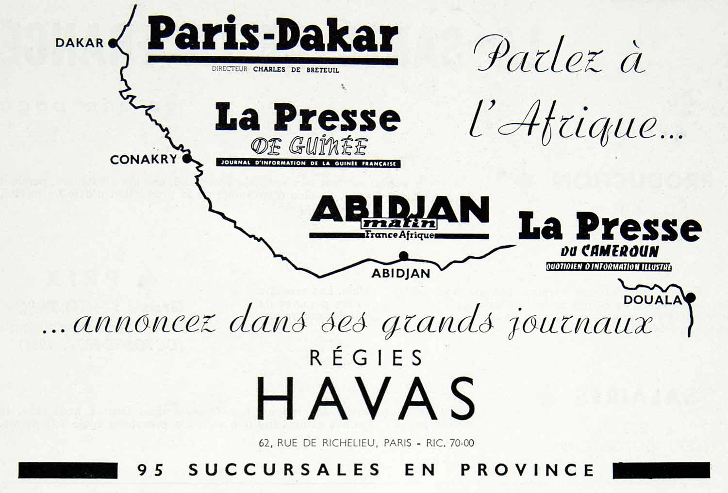1955 Ad Havas Paris-Daker Abidjan French West African Newspaper Conakry VEN6