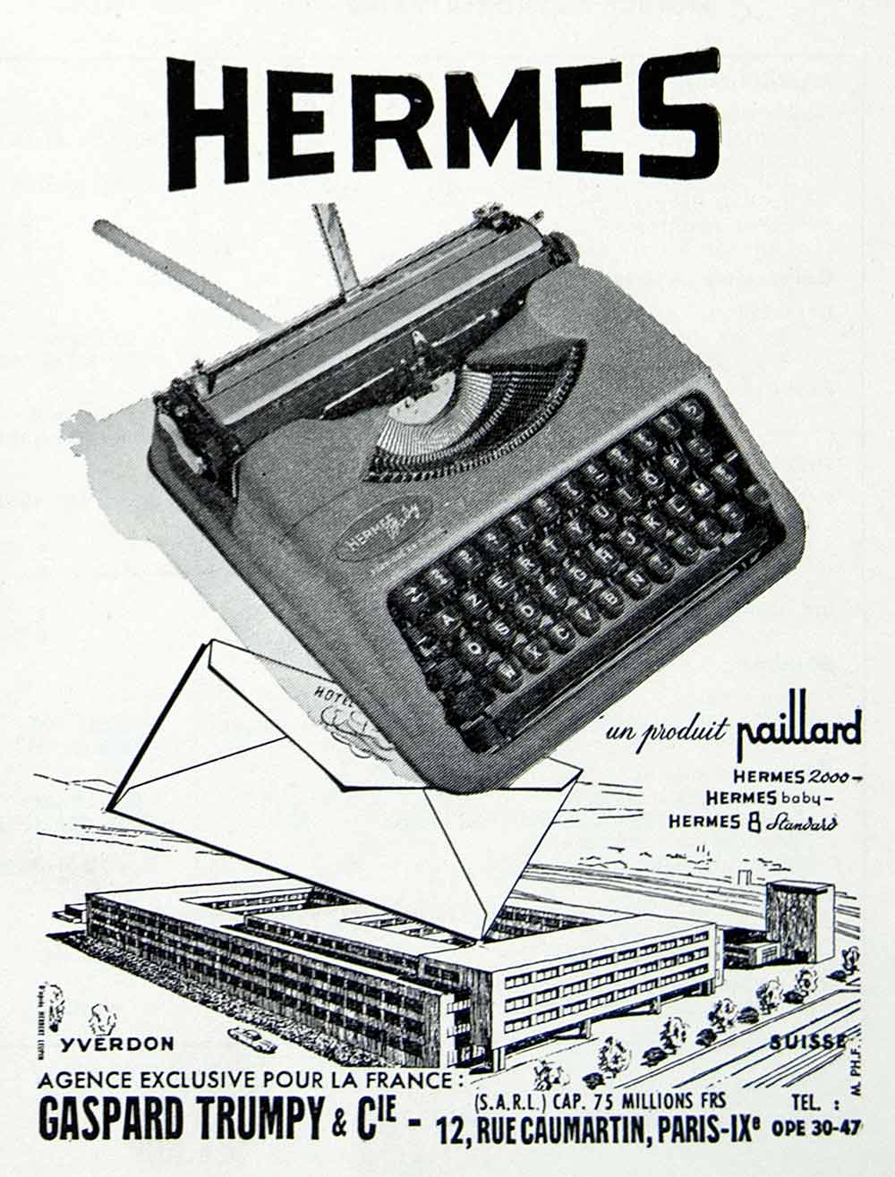 1955 Ad Hermes Gaspard Trumpy Paillard Typewriter Machine French Yverdon VEN6