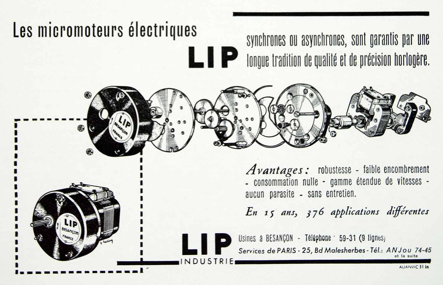 1955 Ad LIP Electric Micromotors French Asynchronous Machine Fifties VEN6