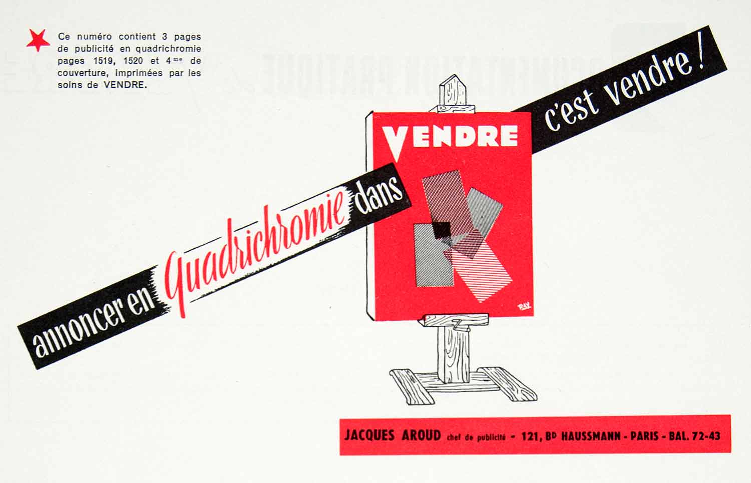 1955 Ad Vendre Quadrichrome Jacques Aroud Advertising Marketing Color Red VEN6