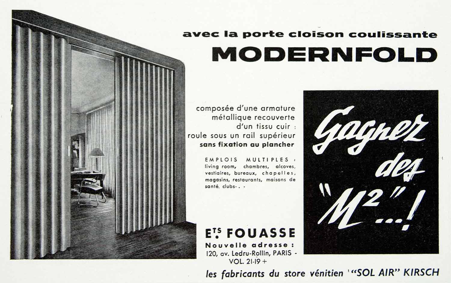 1955 Ad Modernfold Fouasse Folding Doors Screen Separator Sectioning Rooms VEN6