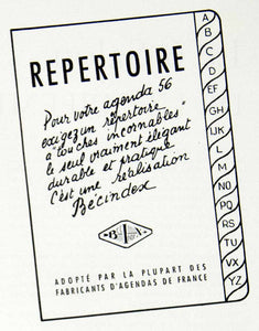 1955 Ad Repertoire Becindex Contact Address Book French BIX Stationary VEN6 - Period Paper
