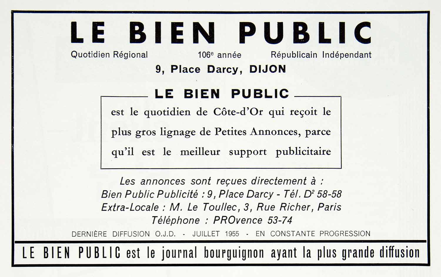 1955 Ad Le Bien Public French newspaper 9 Place Darcy Dijon Advertising OJD VEN6