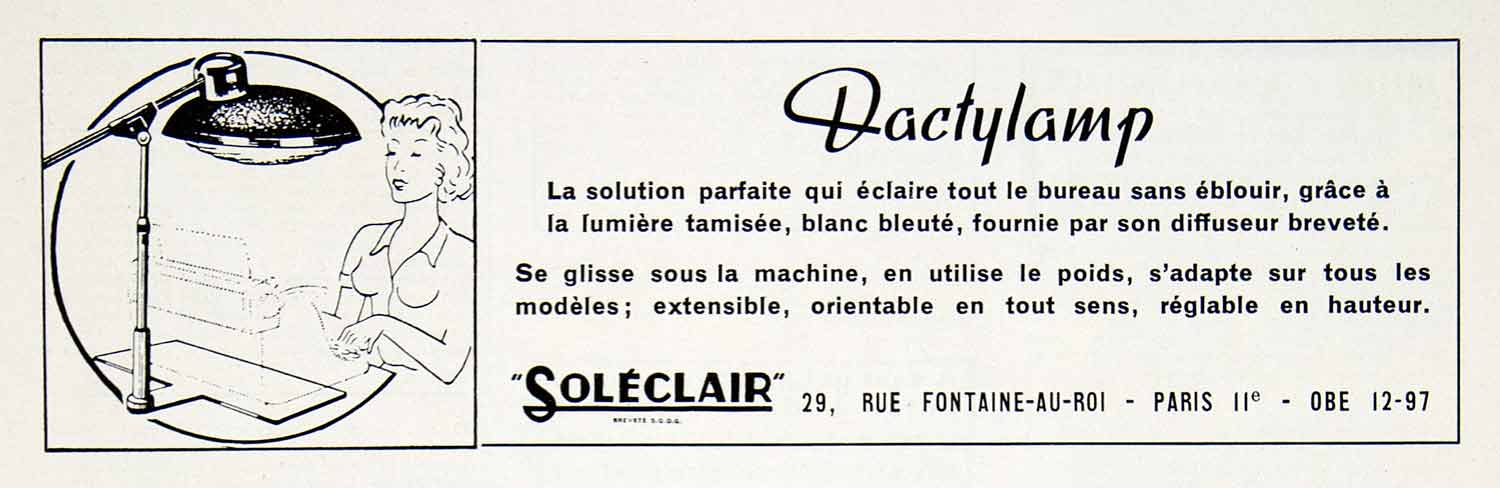 1956 Ad Dactylamp Soleclair Desk Lamp French 29 Rue Fontaine-au-Roi Paris VEN6
