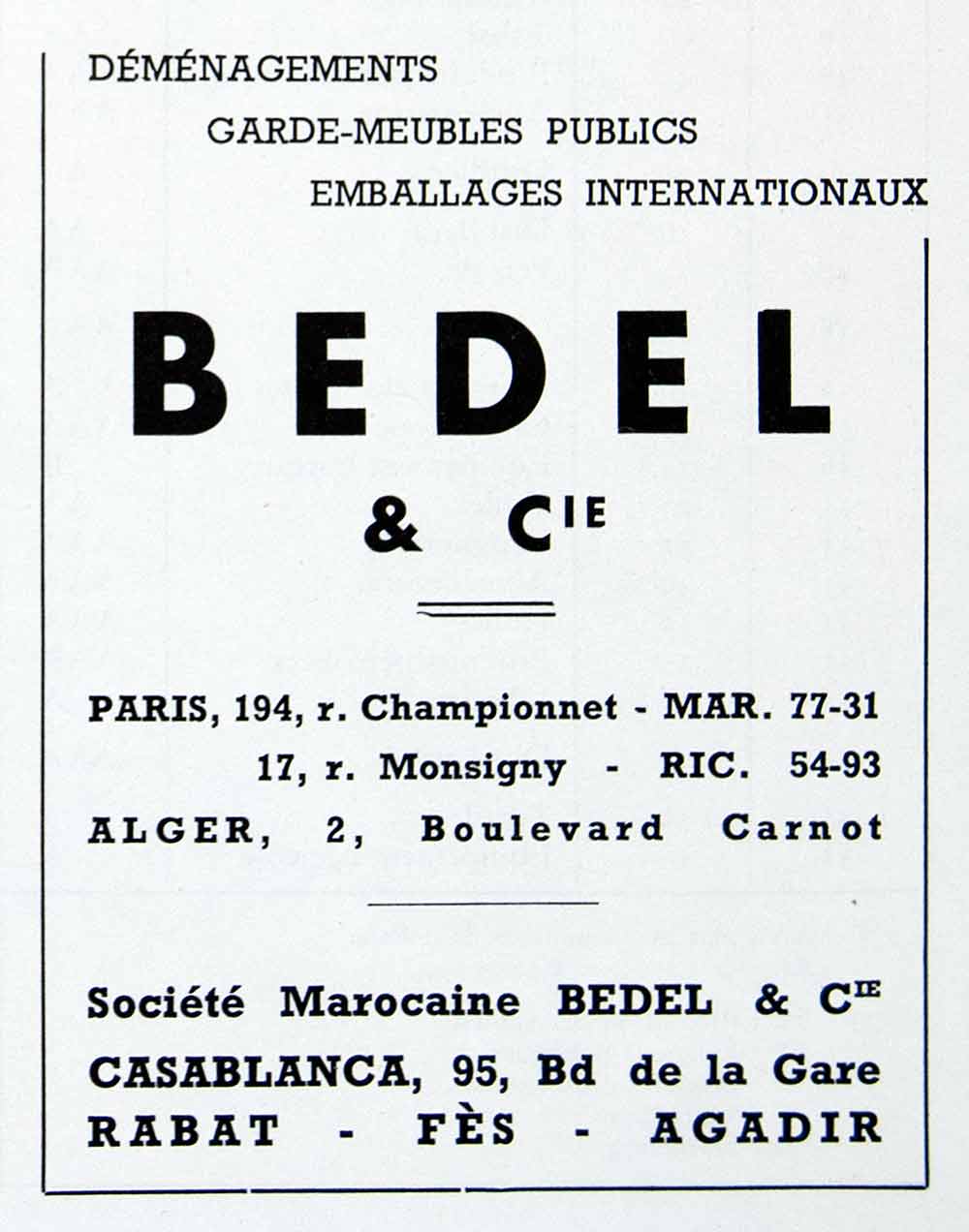 1956 Ad BEDEL French Fifties Rabat Fes Agadir Moving Packagin Service VEN6