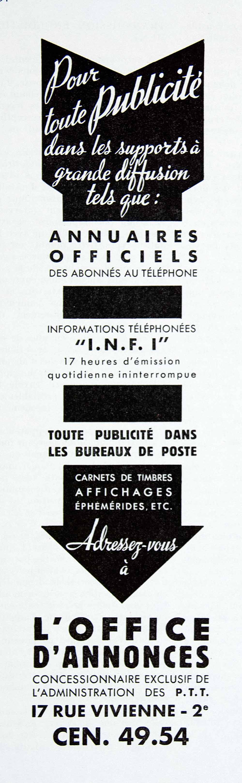 1956 Ad L'Office D'Annonces 17 Rue Vivienne French Fifties Arrow INFI VEN6