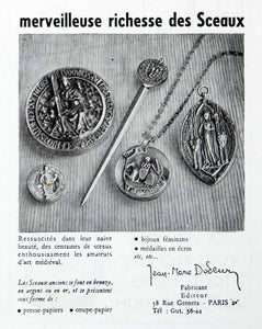 1956 Ad Seal Jean-Marie Dodeur Medallion 58 Rue Greneta Leter Opener VEN6