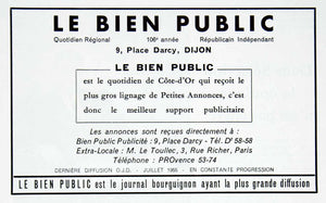 1956 Ad Bien Public French Publication Newspaper 9 Place Darcy Regional VEN6