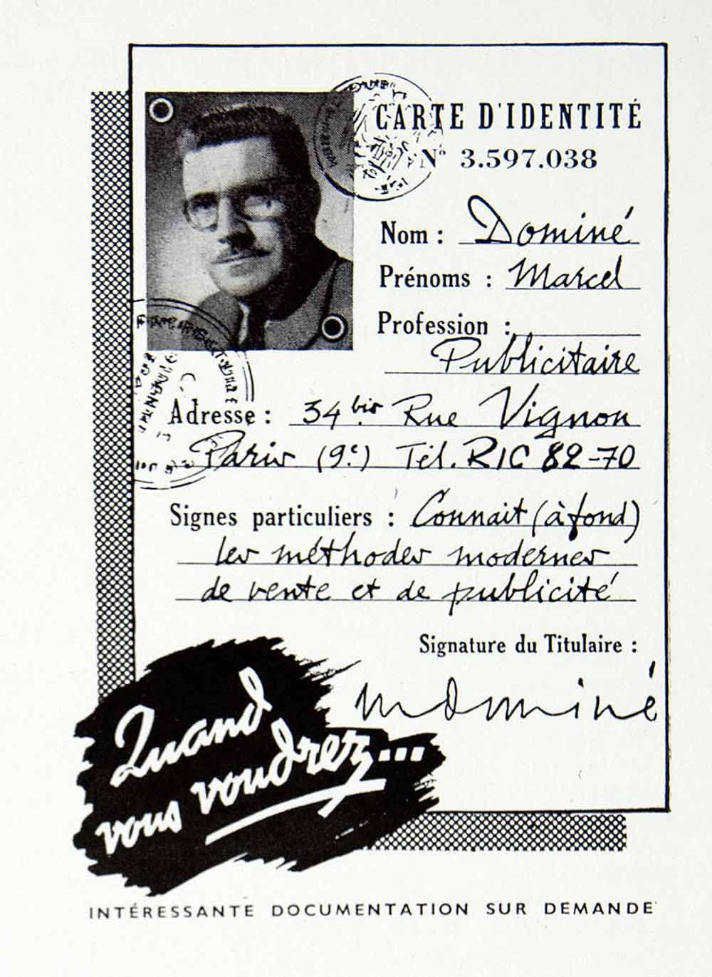 1956 Ad Marcel Domine Identity Card French Advertiser 34 Rue Vignon VEN6