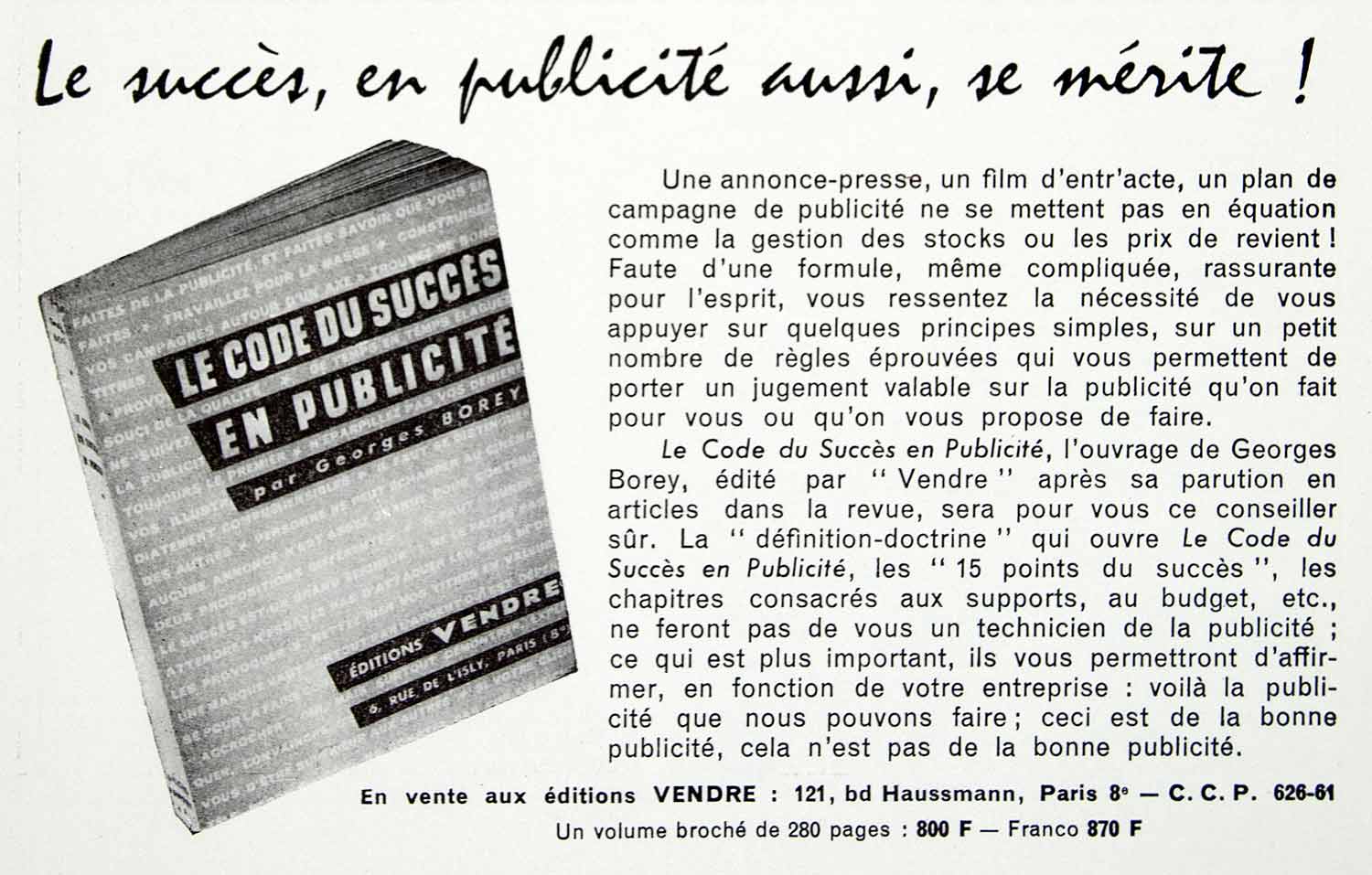 1956 Ad Code Succes Publicite French Manual Successful Advertising Vendre VEN6