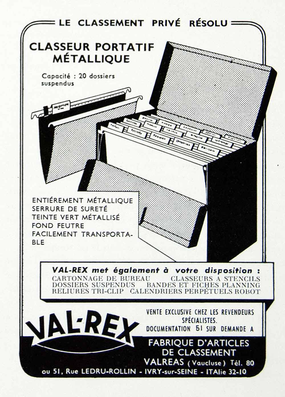 1956 Ad Val-Rex Metal Folder Files Dividers Valreas Portable French VE ...