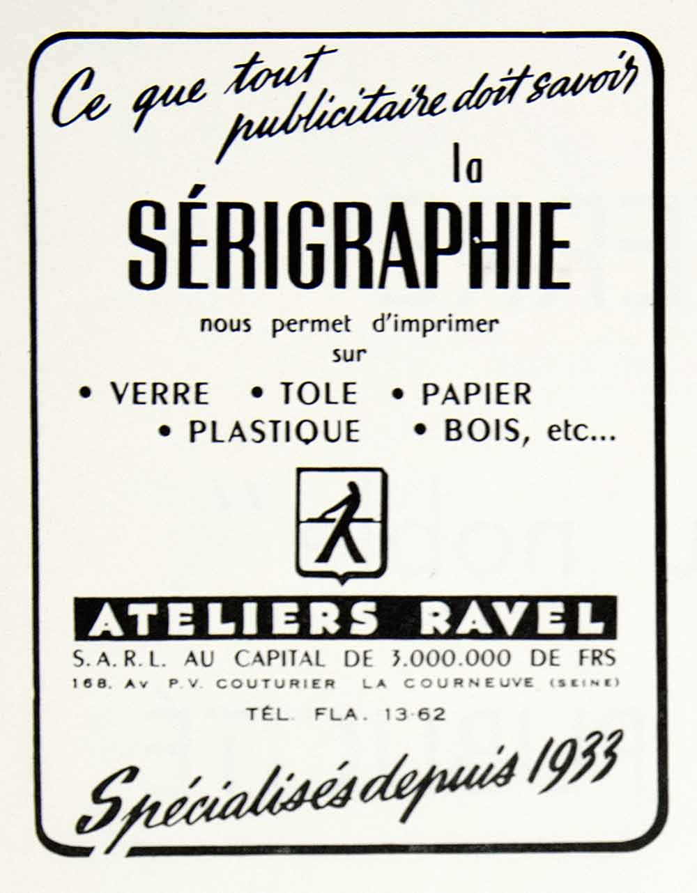 1956 Ad Ateliers Ravel French Multi-Surface Printing Firm Fifties VEN6
