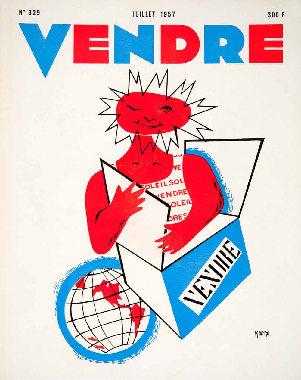 1957 Lithograph Cover Mabro Vendre Soleil Sun Figure World Box French VEN7