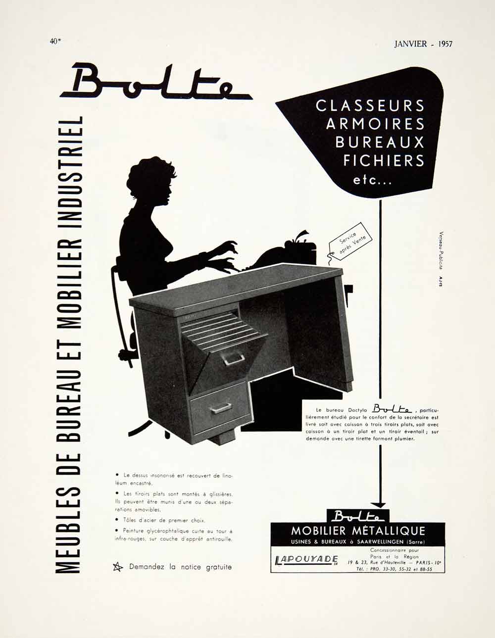 1957 Ad Bolte Lapouyade 19 Rue D'Hauteville Filing Office Furniture Desk VEN7