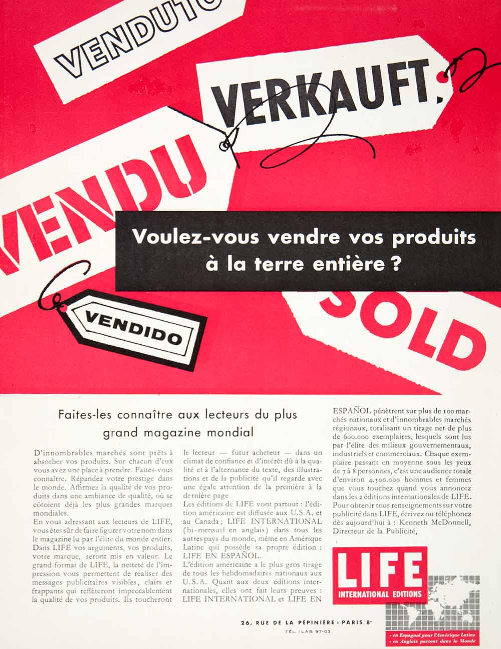 1957 Ad LIFE 26 Rue Pepiniere Paris Advertising International Publication VEN7
