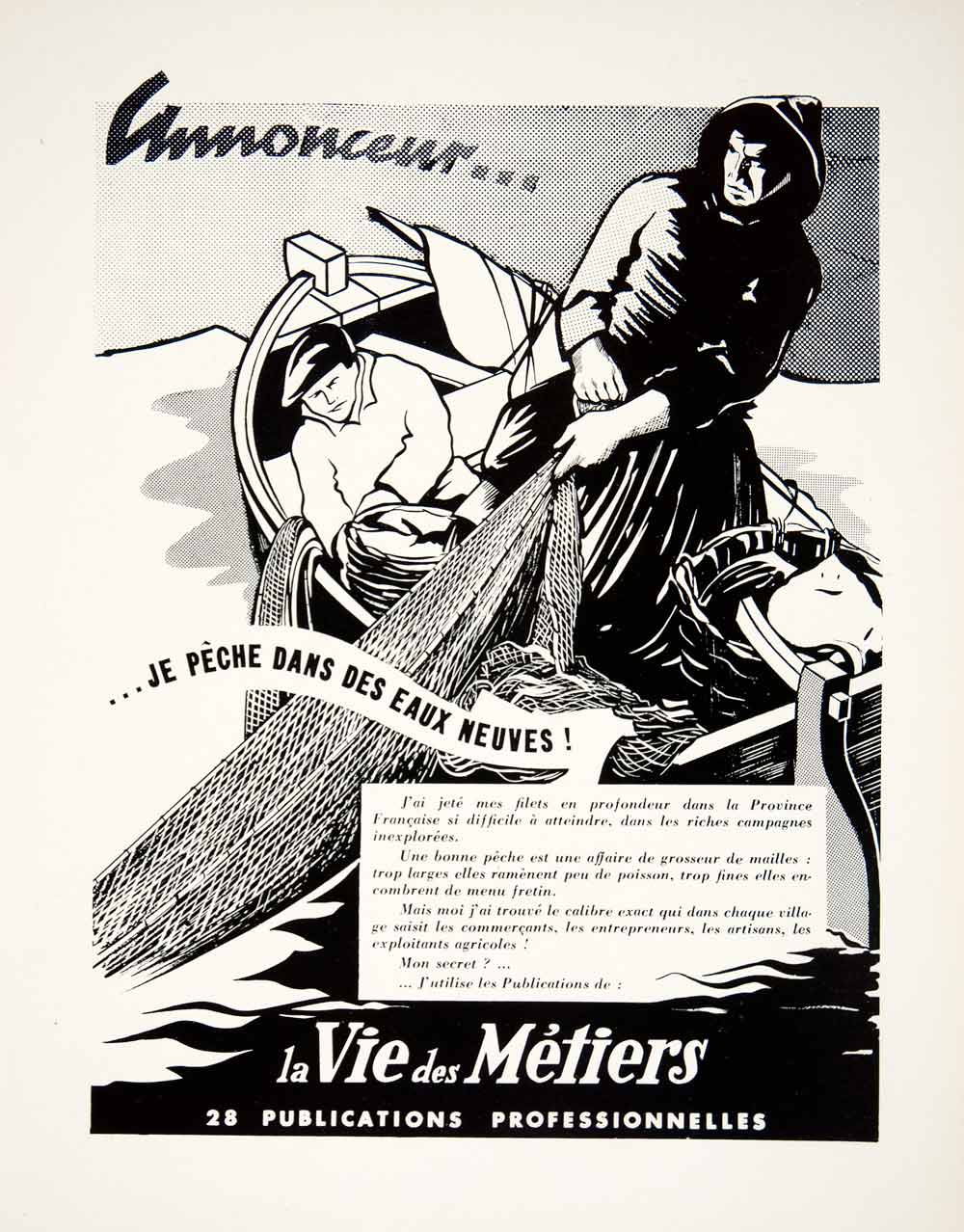 1957 Lithograph Ad La Vie Des Metiers Advertising Fishermen Boat Net Pop VEN7