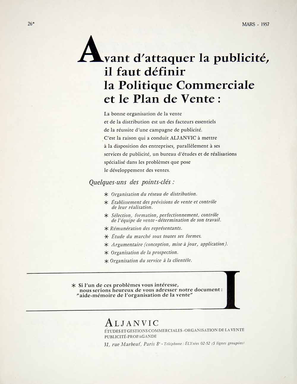 1957 Ad Aljanvic 31 Rue Marbeuf Paris Advertising Agency Business VEN7