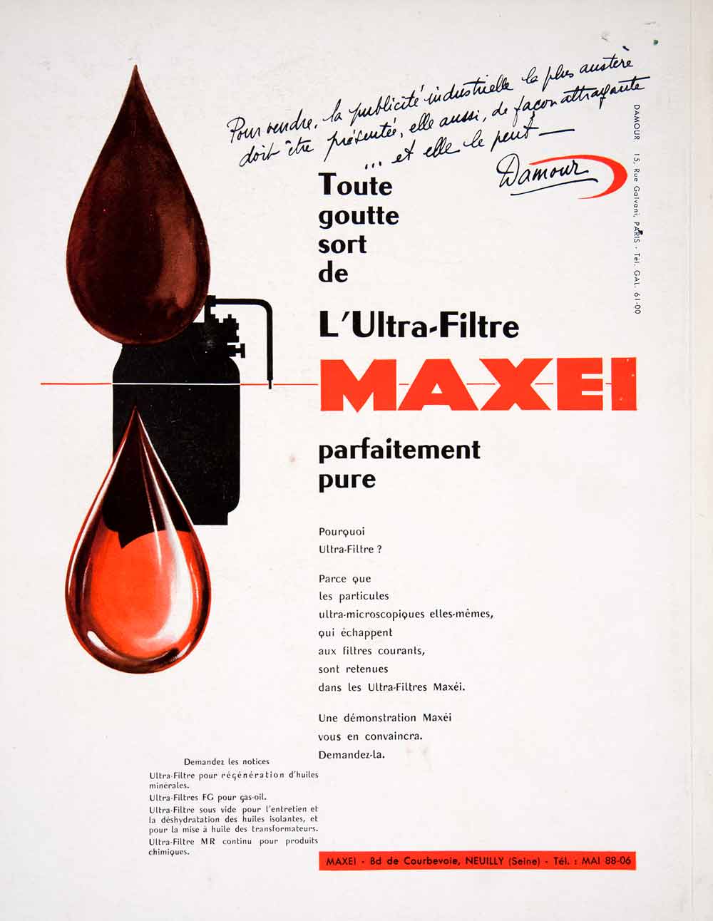 1957 Lithograph Ad Maxei Ultra-Filtre Oil Damour Advertising 15 Galvani VEN7