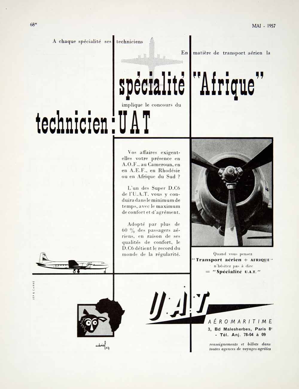 1957 Advert UAT Union Aeromaritime Transport Africa Airplane 3 bld VEN7