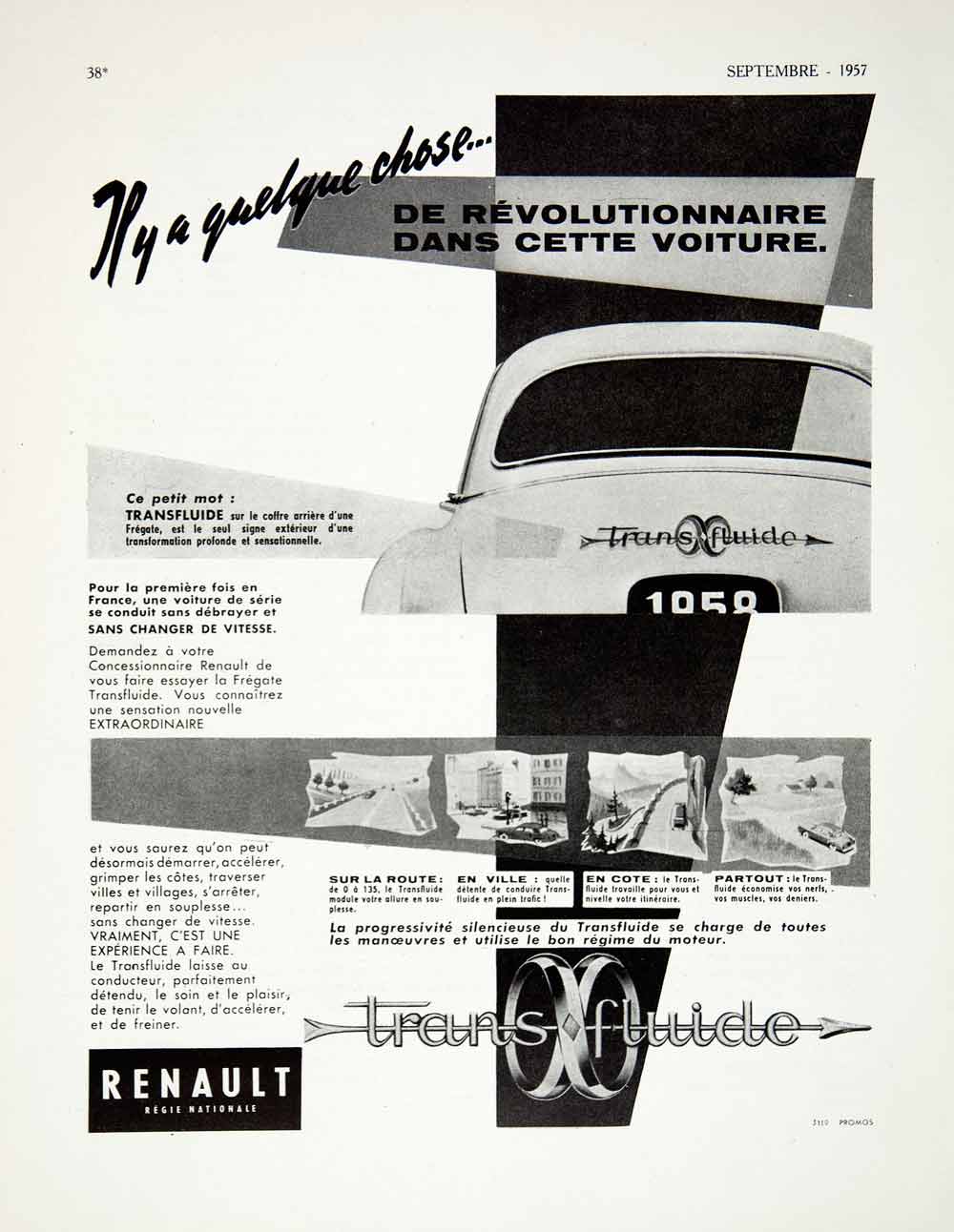 1957 Ad Renault Automobile Transfluide Car Voiture Fregate Transmission VEN7