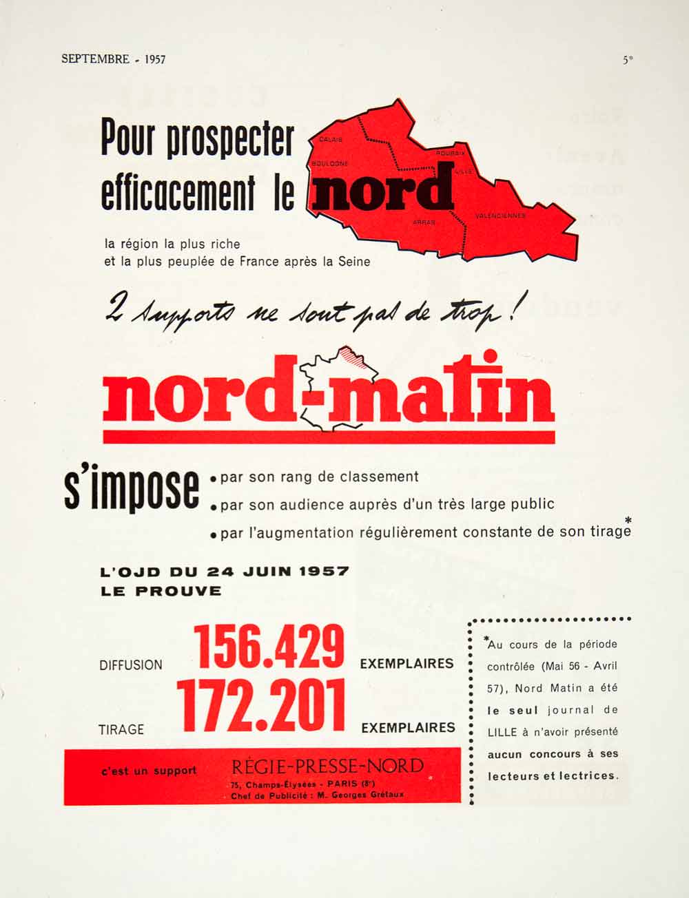 1957 Advert Nord-Matin Regie Press Nord 75 Champs Elysees Paris Georges VEN7