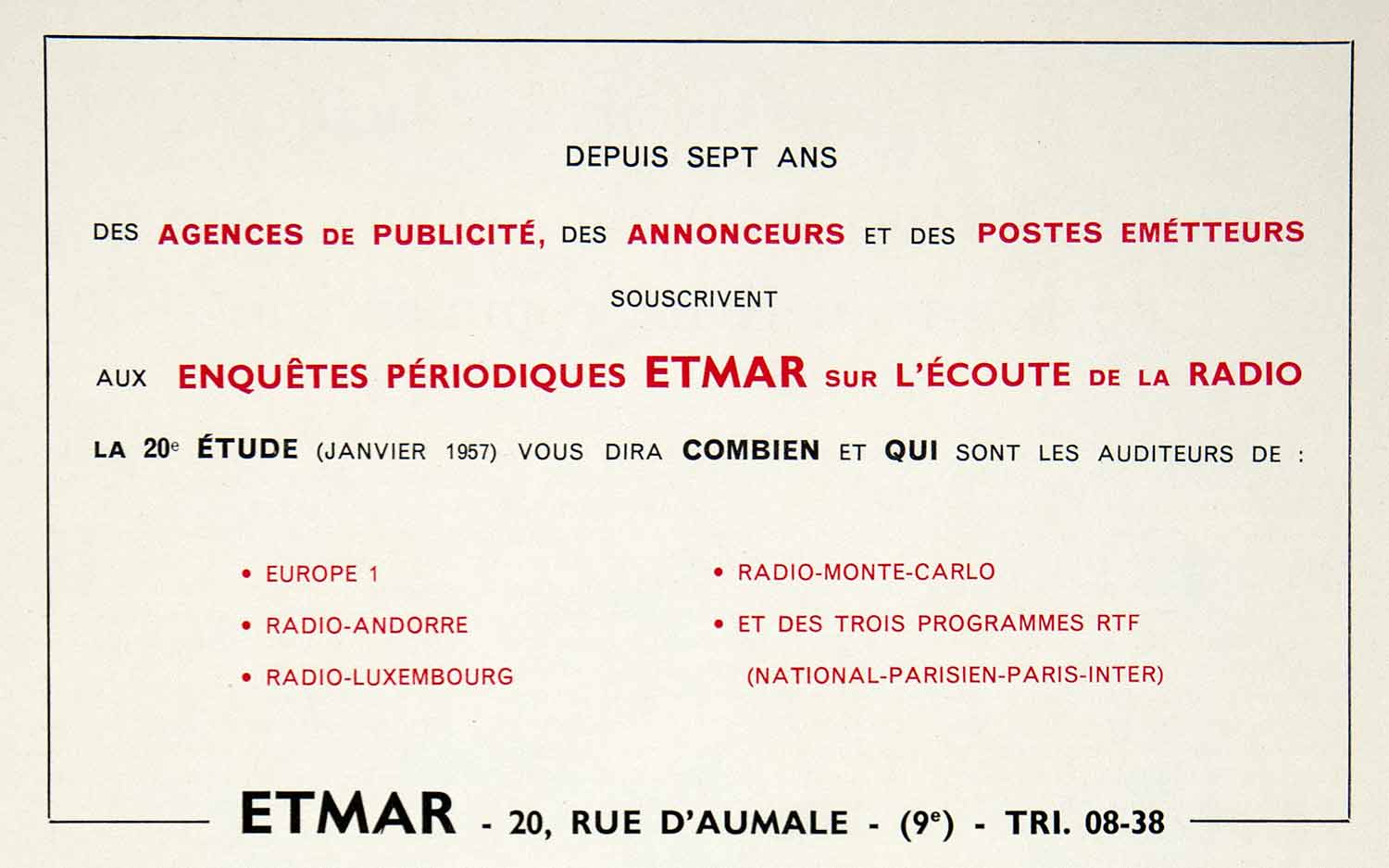 1957 Advert Etmar Institute 20 Rue D'Aumale Radio Program Europe 1 RTF VEN7