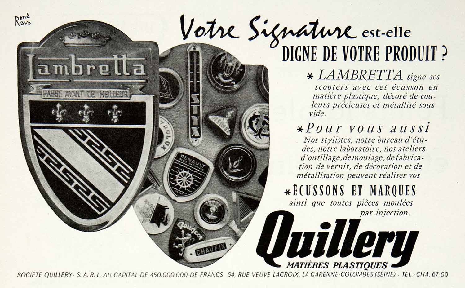 1957 Ad Quillery Renault 54 Rue Veuve Lacroix Styx Lambretta Plastic VEN7