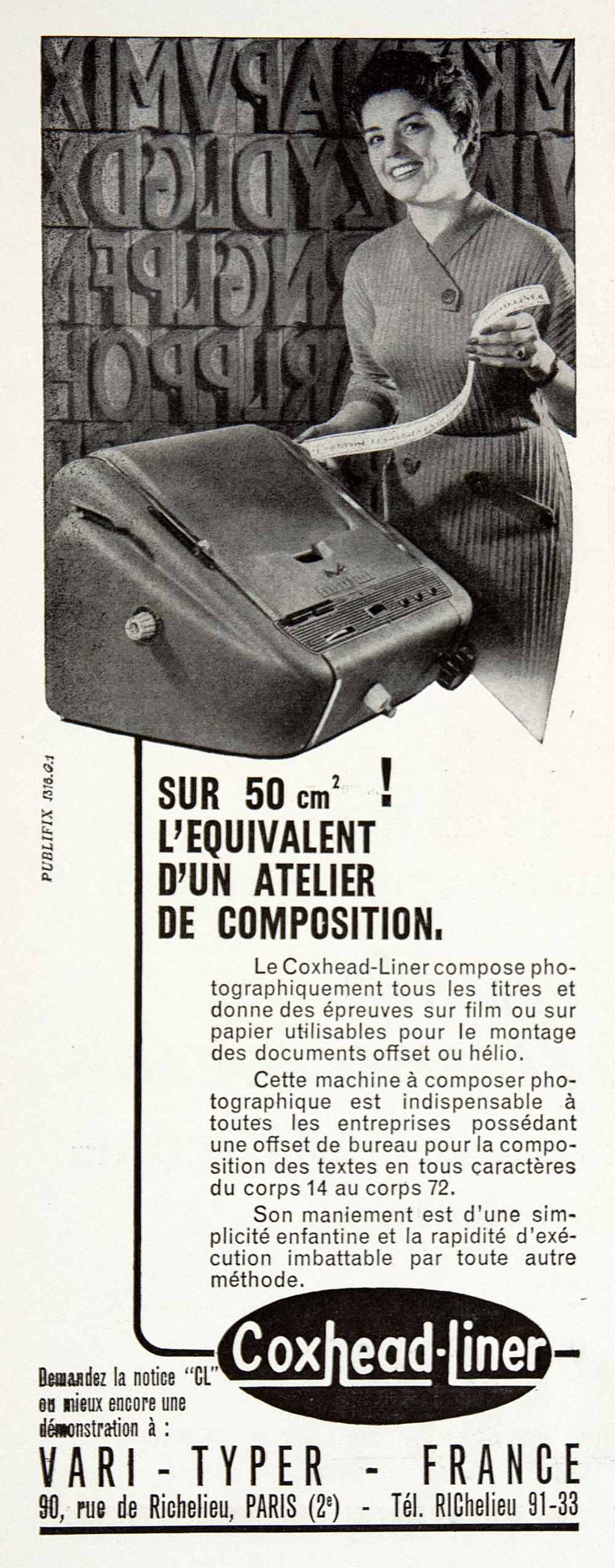 1957 Advert Coxhead Liner Vari-Typer France 90 Rue Richelieu Paris VEN7