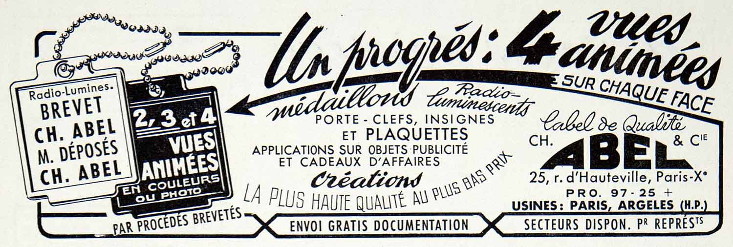 1957 Advert Ch Abel 25 Rue D'Hauteville Paris Radio-Luminescent Keychain VEN7