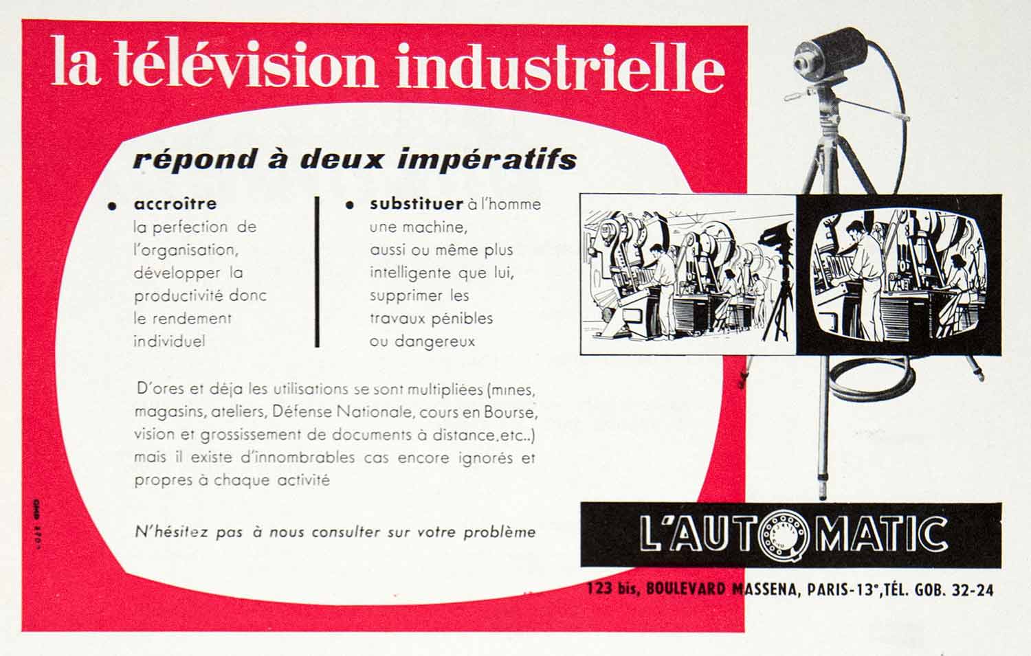 1957 Ad L'Automatic Industrial Television 123 Boulevard Massena Paris VEN7
