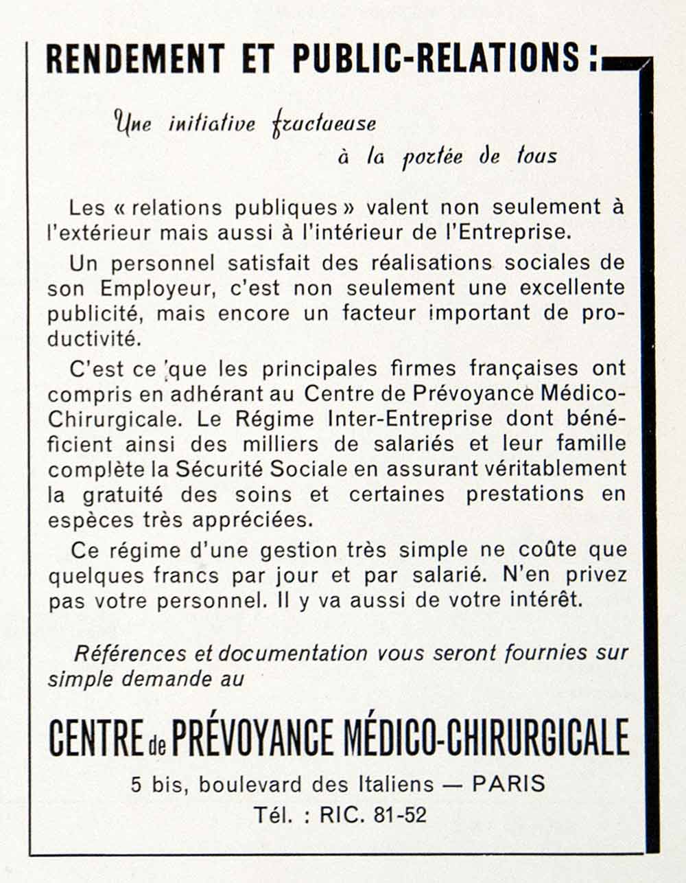 1957 Ad Centre Prevoyance Medico-Chirurgicale Health Insurance 5 Bld VEN7