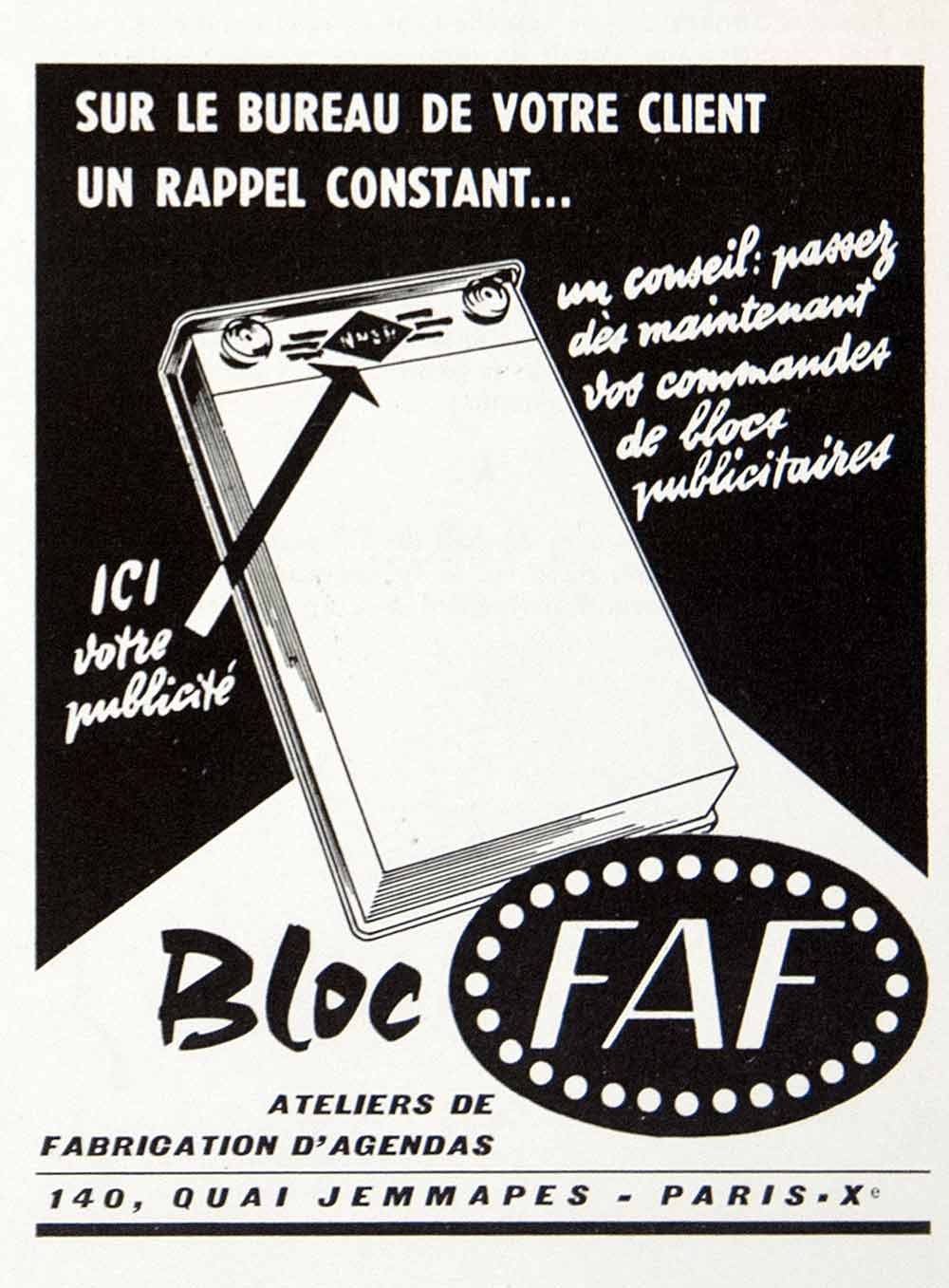 1957 Ad Bloc FAF notepad Atelier Fabrication D'Agenda 140 Quai Jemmapes VEN7