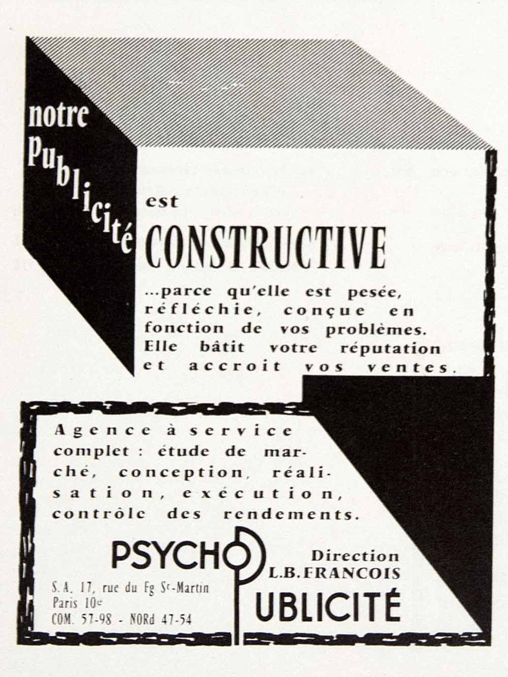 1957 Ad Psycho Publicite L B Francois Advertising Agency 17 Rue St-Martin VEN7