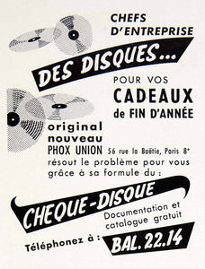 1957 Ad Phox Union Cheque-Disque 56 Rue Boetie Paris Disk Gift Cadeau VEN7