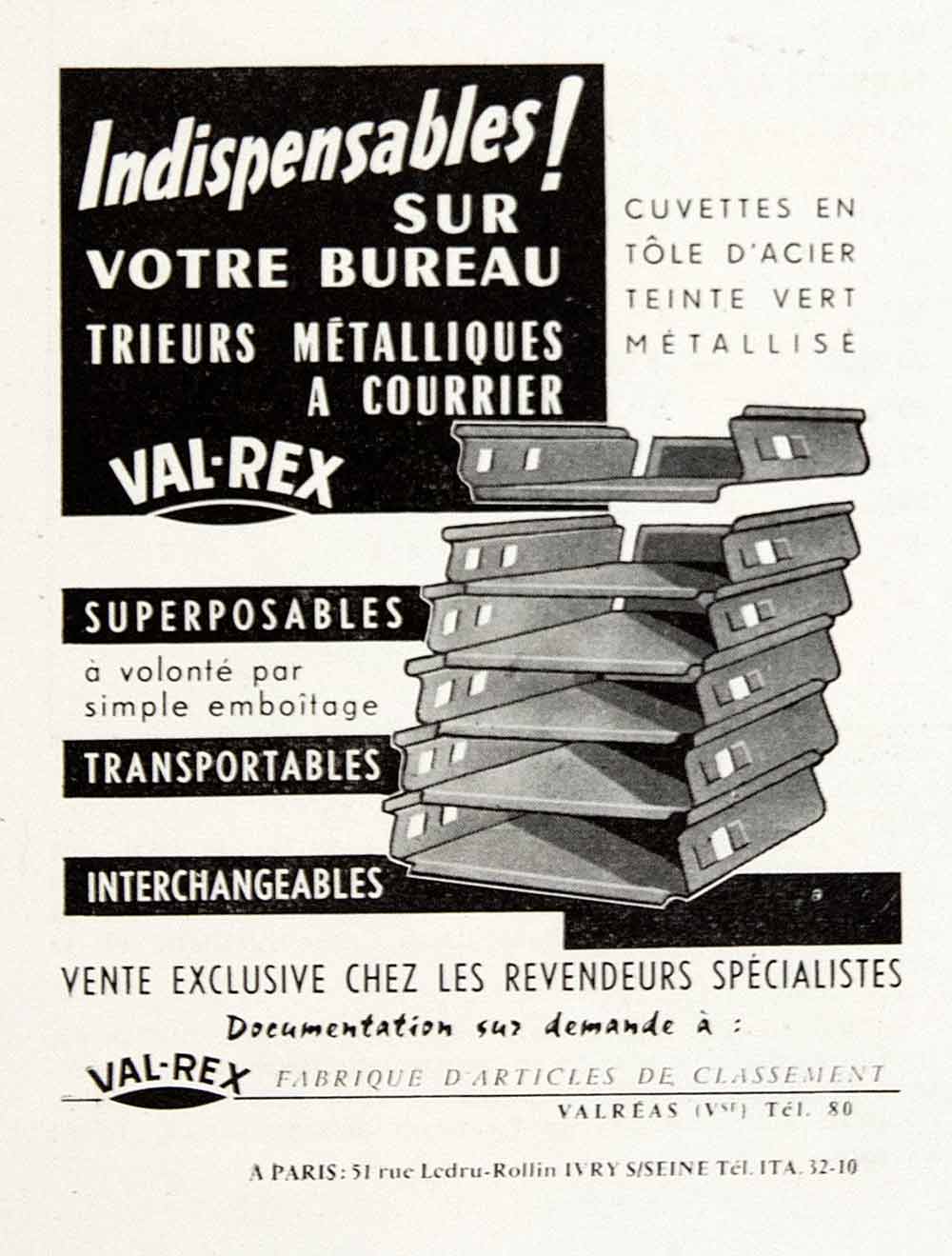 1957 Ad Inbox Val-Rex Valreas Office Equipment Mail Outbox 51 Rue Ledru VEN7