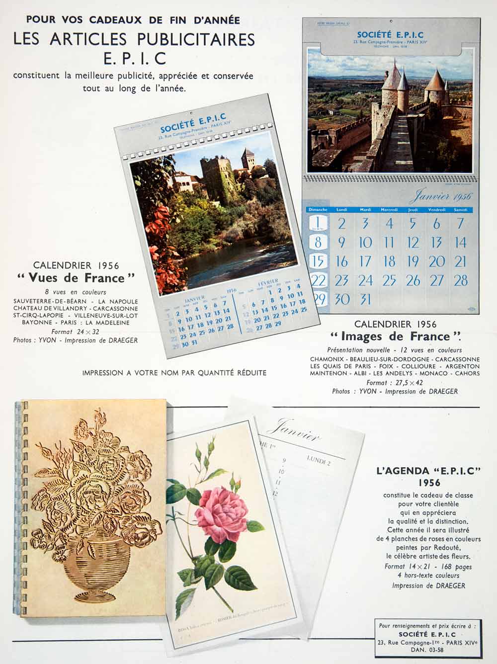 1955 Lithograph Ad EPIC Calendar Planner Card Map Address Book 23 Campagne VEN7