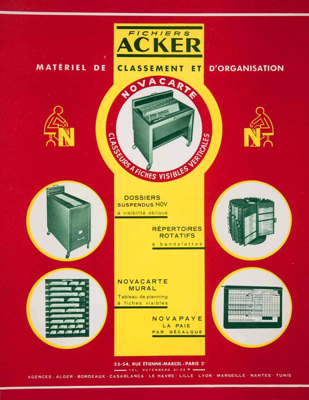 1956 Lithograph Ad Fichiers Ackers Filing Systems 52 Rue Etienne-Marcel VEN7